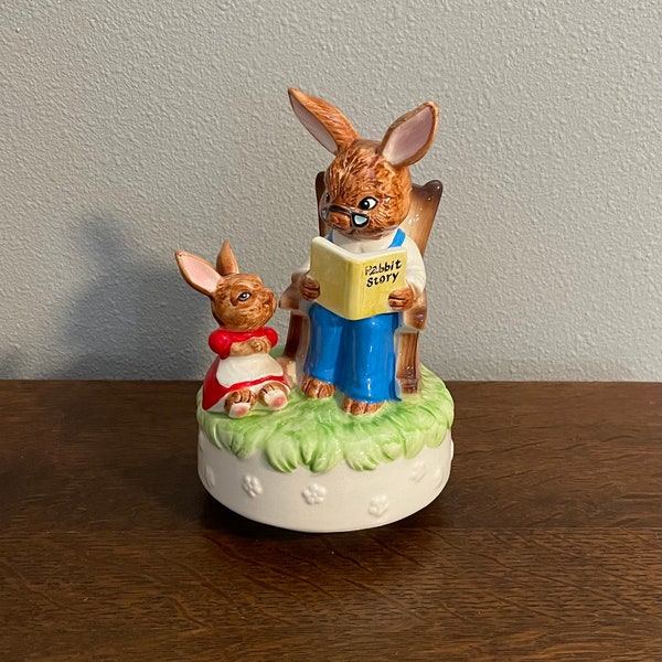 1980’s Bunny Rabbits Music Box- Vintage Ceramic Bunnies Rotating Music Box