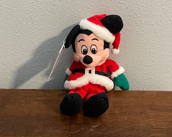 1990's Disney Store Santa Mickey Mouse Beanie Doll- Vintage Disney Santa Mickey Stuffed Beanbag Toy