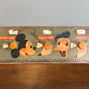 1950s Disney Read &#39;Em, Spell &#39;Em, Count &#39;Em Chalkboard Header- Mid Century Walt Disney Learning Board