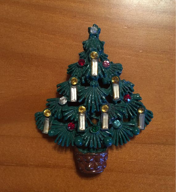 1960’s Enamel and Rhinestone Christmas Tree Brooc… - image 1