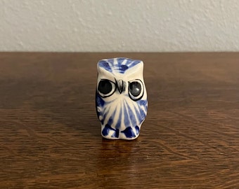 Miniature Mexican Tonala Owl Figurine- Vintage Hand Painted Miniature Owl- Miniature Mexican Pottery Owl Figurine