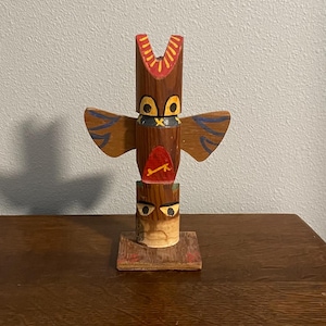Milk’s Camp Industries Totem Pole Figurine- Vintage Hand Carved Wooden Totem Pole