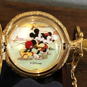 1990’s Mickey Mouse Collection Disney Mickey Mouse “On Ice” Pocket Watch- Vintage Mickey and Minnie Mouse Ice Skating Pocket Watch