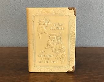 1930’s Disney The Three Little Pigs Bank- Vintage Leatherette Three Little Pigs Coin Bank