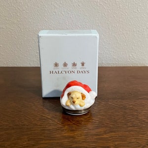 Halcyon Days “Santa’s Little Helper” Bonbonniere Box- Halcyon Days Puppy in Santa Hat Figurine Enamel Box