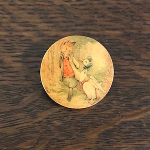 1980’s Sevi Beatrix Potter Jemima Puddleduck and Foxy Whiskered Gentleman Wooden Brooch- Vintage Hand Painted Beatrix Potter Pin