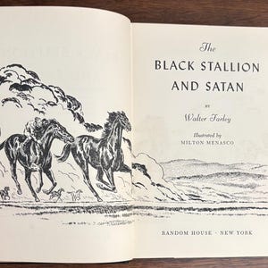May include: Open book with the title "The Black Stallion and Satan" by Walter Farley, illustrated by Milton Menasco. The illustration features two black horses running across a field, with a rider on one. The book is published by Random House, New York.