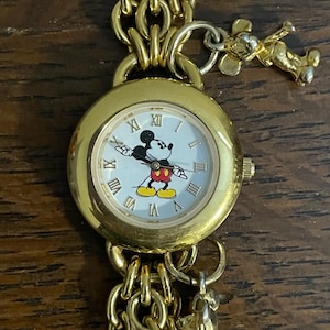 1990’s Disney Time Works Mickey Mouse Watch Charm Bracelet- Vintage Disney Mickey Charm Bracelet Watch, with Six Sterling Silver Charms