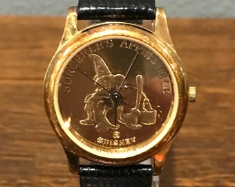 1990 Disney Fantasia 50th Anniversary Sorcerer’s Apprentice Watch- Vintage 22k Gold Plate Over Solid Silver Disney Fantasia Watch