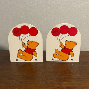 1980’s Disney Winnie the Pooh Bookends- Vintage Pooh and Balloons Wooden Bookends