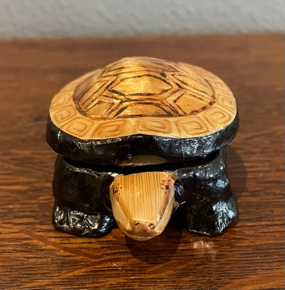 1990s Wooden Tortoise Trinket Box Vintage Wooden Turtle Ring Box