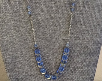 Victorian Cut Steel and Blue Glass Bead Necklace- 1890&#39;s Cut Steel Jewelry- Antique Glass Bead Necklace on Cut Steel Chain