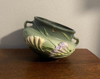 Maceta colgante de fresia de Roseville Pottery - Maceta colgante vintage pequeña de Roseville Pottery, color verde