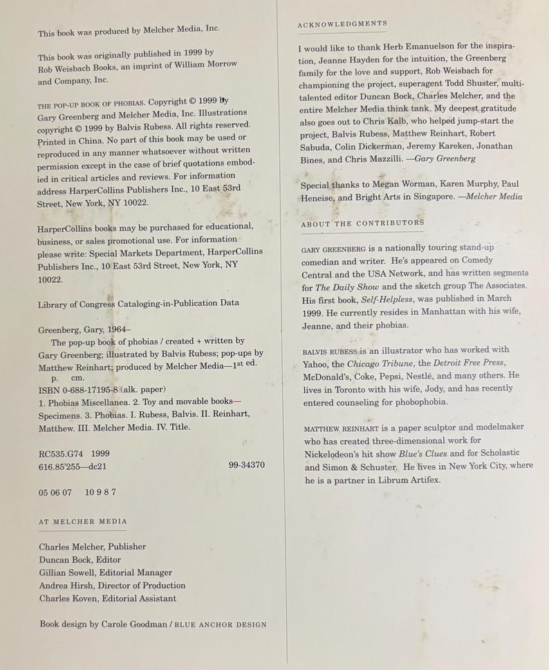May include: A book page with text about "The Pop-Up Book of Phobias" by Gary Greenberg, published in 1999. The page includes copyright information, acknowledgments, and contributor details. The book design is credited to Carole Goodman.