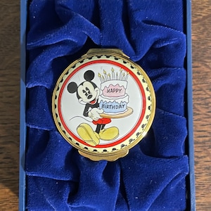 1996 Halcyon Days Disney Mickey Mouse Happy Birthday Enamel Box- Vintage Round Halcyon Days Mickey Classic Enamels Trinket Box