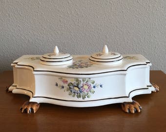 Vintage Porcelain Ink Well with Floral Decoration and Claw Feet- Andrea by Sadek Porcelain Desk Set