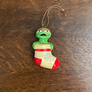 1980’s Sesame Street Oscar the Grouch Holiday Ornament- Vintage Ceramic Sesame Street Oscar in a Stocking Christmas Ornament