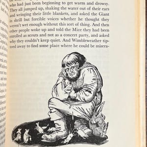 以下が含まれることがあります： 「Old Narnia in Danger」というタイトルの本ページからの白黒イラスト。座っているひげを生やした人物が描かれており、周りにはネズミがいます。その人物は悲しそうで、涙が見えます。