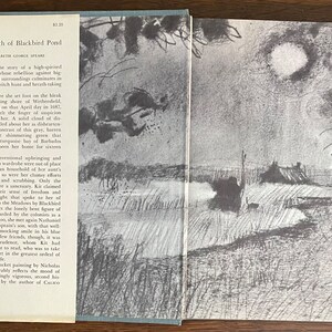 May include: A vintage book cover with a black and white illustration of a landscape with a house and a sun in the sky. The book title is "The Witch of Blackbird Pond" and the author is Elizabeth George Speare.
