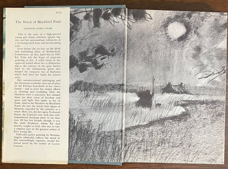 May include: A vintage book cover with a black and white illustration of a landscape with a house and a sun in the sky. The book title is "The Witch of Blackbird Pond" and the author is Elizabeth George Speare.