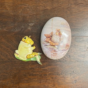 1988 Schmid Jeremy Fisher Ornament- Vintage Ceramic Beatrix Potter Ornament in Decorative Tin