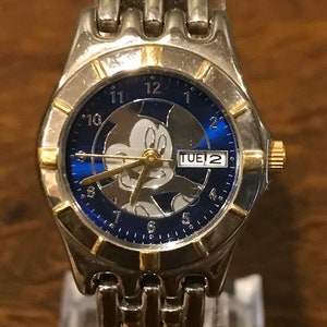 1990's SII Marketing Mickey Mouse Calendar Wristwatch- Vintage Women’s Disney Mickey Watch with Two Toned Metal Link Band