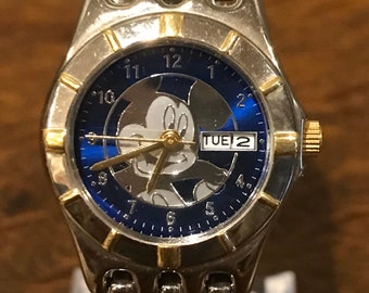 1990's SII Marketing Mickey Mouse Kalender Polshorloge- Vintage Vrouwen Disney Mickey Horloge met twee getinte Metal Link Band
