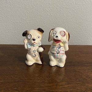 1960&#39;s Dogs Salt and Pepper Shakers- Mid Century Dogs with Rhinestone Monocles and Vests Salt & Pepper Shakers