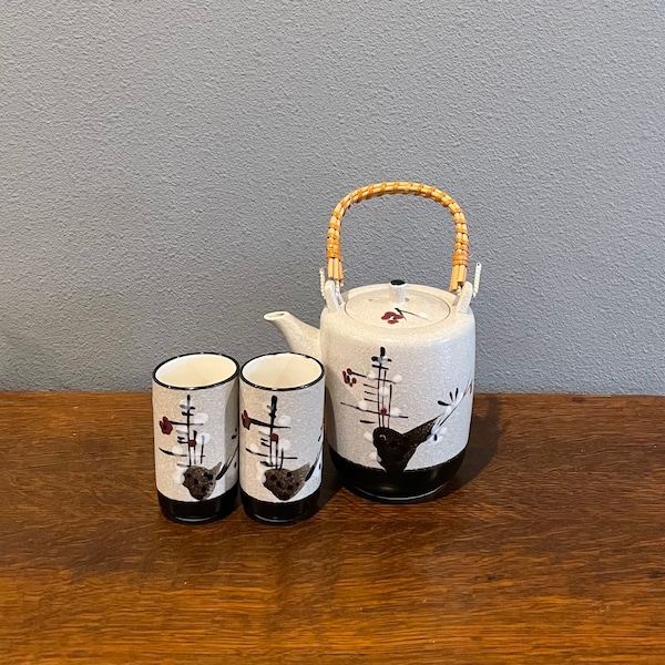 1970's Earthenware Tea Set- Vintage Japanese Flower Pottery Teapot with Two Mugs