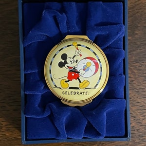 1996 Halcyon Days Disney Mickey Mouse “Celebrate!” Enamel Box- Vintage Round Halcyon Days Mickey Classic Enamels Trinket Box