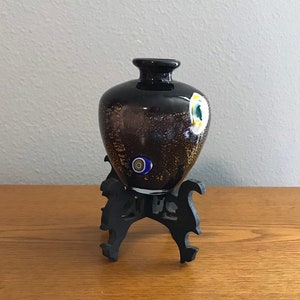 1980&#39;s Art Glass Vase and Stand- Vintage Hand Blown Art Glass Bud Vase