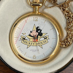 1990’s Verichron Mickey Unlimited Pocket Watch- Vintage Disney Open Faced Mickey Mouse Pocket Watch in Original Tin