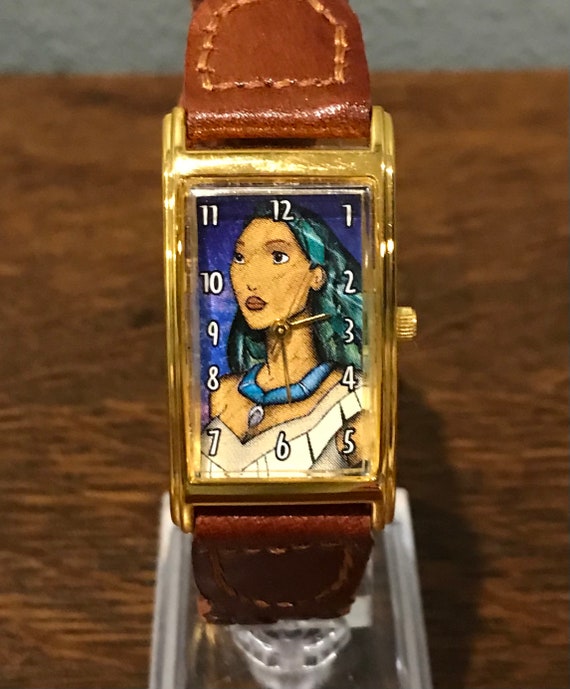 Disney Store POCAHONTAS LE (7500) Fossil Watch of POCAHONTAS + JOHN SMITH  in Wood Music Box, 1996