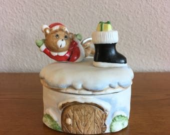 Vintage Christmas Trinket Box- Santa Bear Ceramic Box- Homco Trinket Box