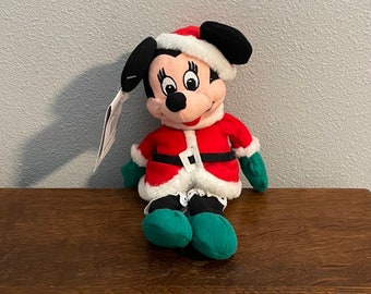 1990's Disney Store Santa Minnie Mouse Beanie Doll- Vintage Disney Santa Minnie Stuffed Beanbag Toy