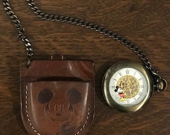 1990’s Disney Store Exclusive Mickey Mouse Gears Pocket Watch- Vintage Disney Brass Toned Mickey Mouse Skeleton Pocket Watch