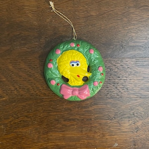 1988 Sesame Street Big Bird Wreath Holiday Ornament- Vintage Ceramic Big Bird Sesame Street Christmas Ornament