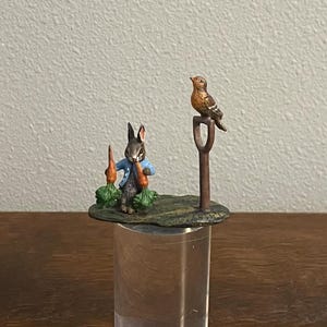 Austrian Cold Painted Bronze Peter Rabbit Eating Carrots Figurine- Vintage Vienna, Austria Cold Painted Bronze Beatrix Potter Scene Figurine