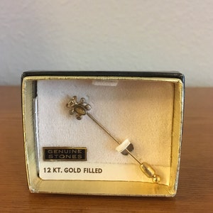 Vintage Tigers Eye 12 Karat Gold Filled Stick Pin- Gold Teddy Bear Stick Pin- 1970&#39;s Stick Pin