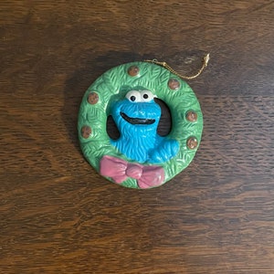1988 Sesame Street Cookie Monster Wreath Holiday Ornament- Vintage Ceramic Big Bird Sesame Street Christmas Ornament
