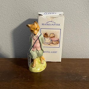 Puede incluir: Figura de cerámica de un zorro con chaqueta verde y chaleco rosa, sobre una base amarillo-verdosa. De la colección "The World of Beatrix Potter" de Royal Albert. Se ve una caja a juego.