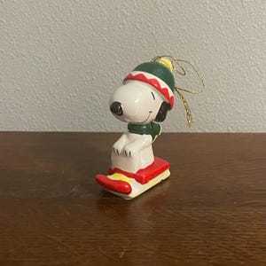 1966 Willitts Design Peanuts Snoopy Ornament- Vintage Ceramic Snoopy Sledding Christmas Ornament