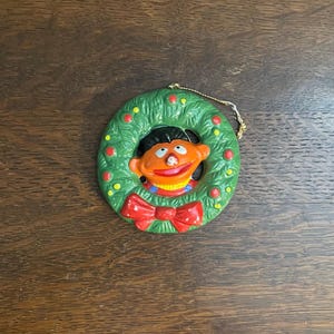1988 Sesame Street Ernie Wreath Holiday Ornament- Vintage Ceramic Ernie Sesame Street Christmas Ornament