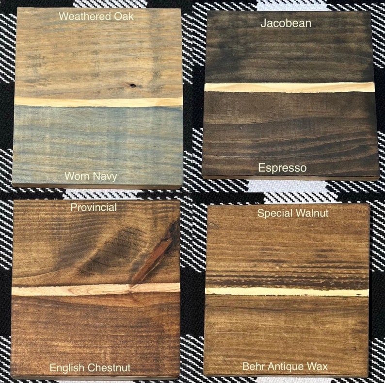 Puede incluir: Cuatro muestras de tinte para madera, cada una con un color y un nombre diferentes. La fila superior muestra Roble desgastado y Jacobean. La fila inferior muestra Azul marino desgastado, Provincial, Nogal especial y Cera antigua Behr.