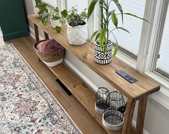 Solid Wood Sofa Table with Charging Outlets: Farmhouse Console Table, Lower Shelf