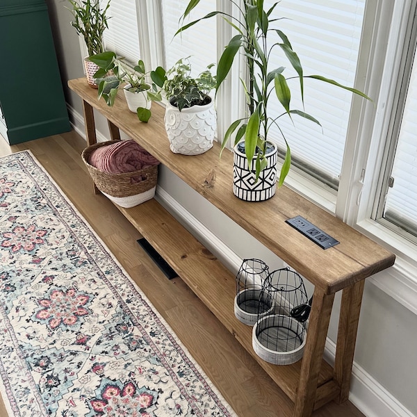 Solid Wood Sofa Table with Charging Outlets: Farmhouse Console Table, Lower Shelf