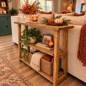 May include: A rectangular wooden console table with two shelves. The top shelf holds a white pitcher with orange foliage, a candle, and a wooden bowl with two small pumpkins. The middle shelf holds a potted plant, a framed picture, and a candle.