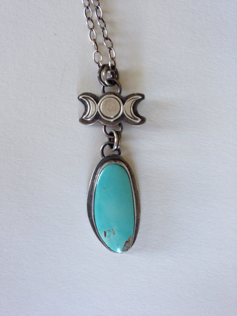 Triple Moon Sterling Silver And Alacron Turquoise Pendant Talisman 18 inch chain image 2