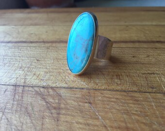 Sterling silver and american turquoise statement ring with wide hammered band - size 10.5