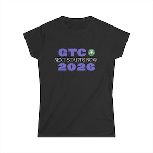 May include: Black t-shirt with the text "GTC NEXT STARTS NOW 2026" in purple and a green and white logo. The shirt has short sleeves and a crew neck.